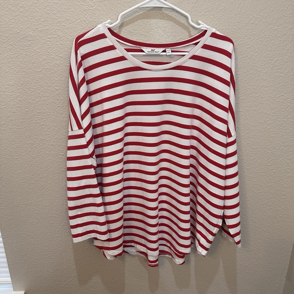 Vineyard Vines Womens Drop Shoulder Red Striped 3/4 Sleeve T Shirt XXL Coastal